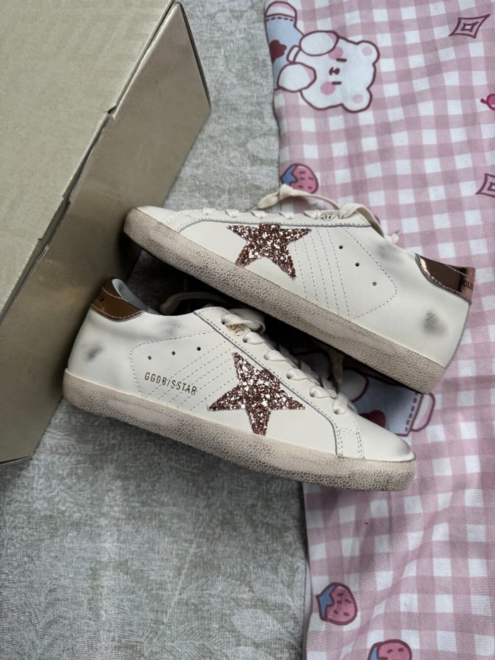 Golden Goose Super-Star Pink Glitter Distressed White Sneakers